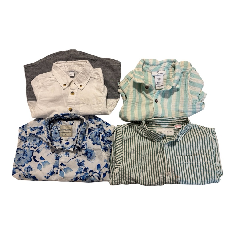 Kids Four-Pack Button-Down Shirt Set - Blue Floral, White, Mint & Green Stripe